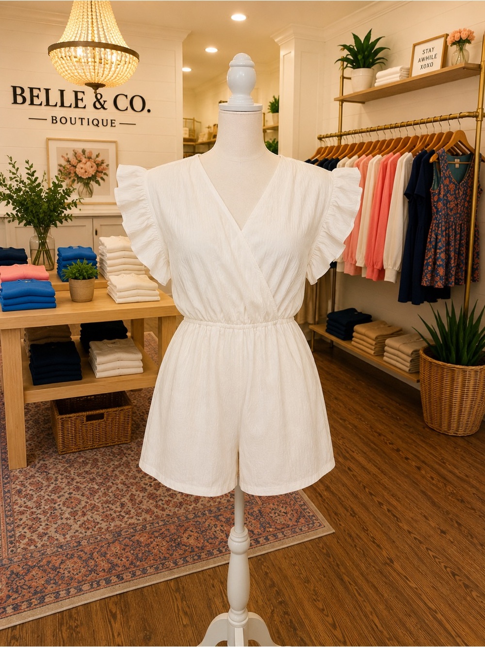 White Birch White Ruffle Flutter Sleeve Romper XL Surplice Stretch Waist NWOT